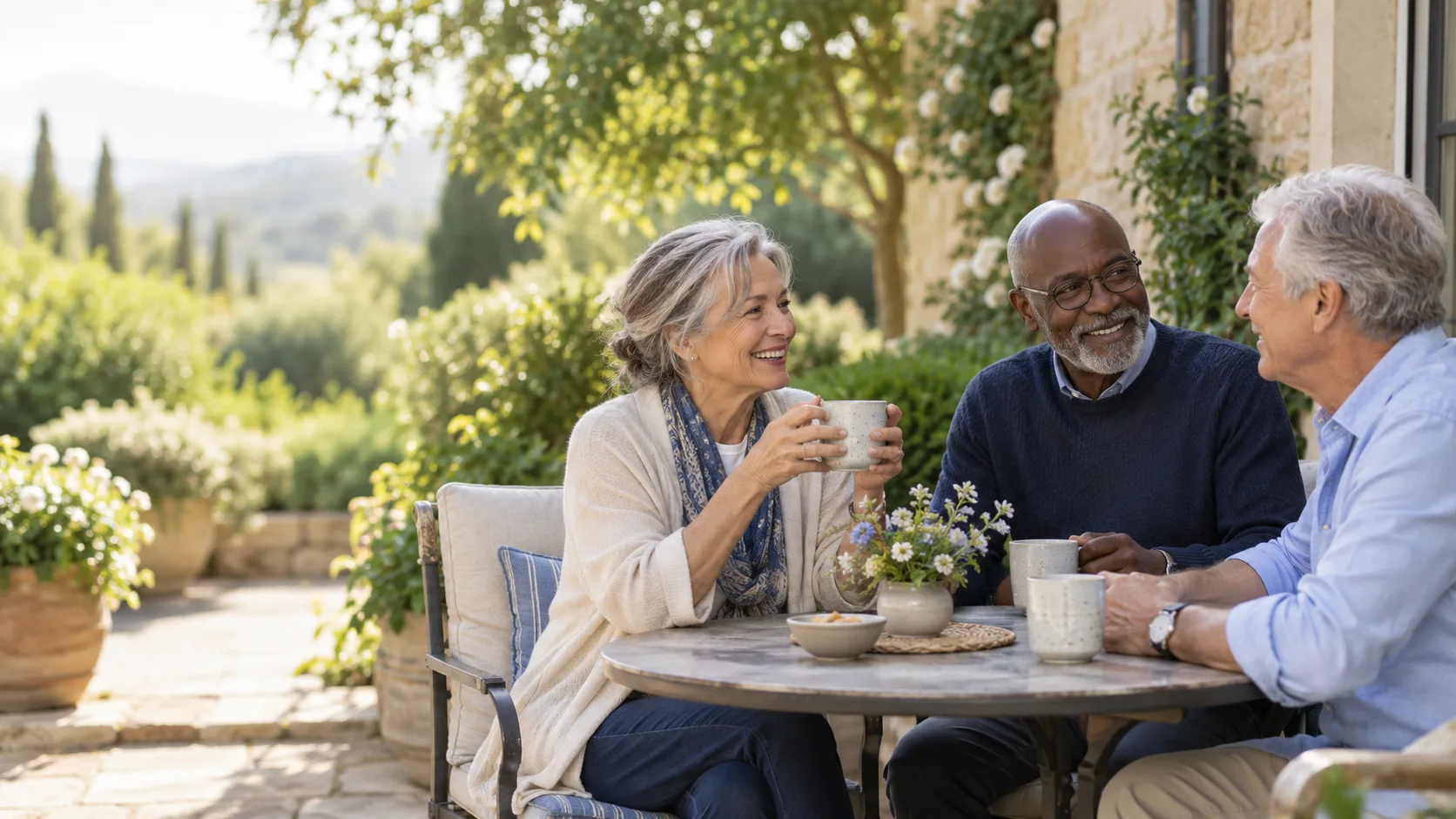 Three older friends enjoying coffee together in a garden
