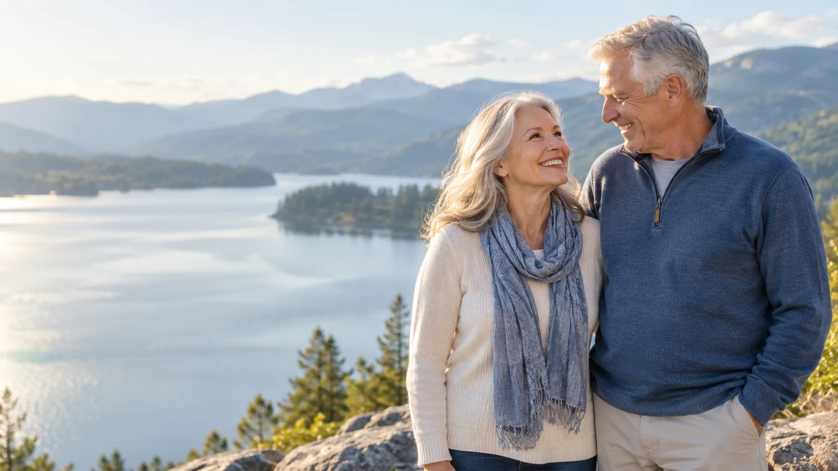 An older couple sharing a happy moment beside a mountain lake