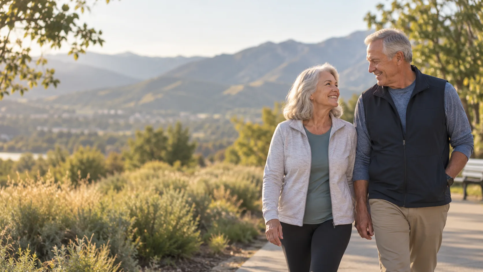 An older couple enjoying a walk together outdoors